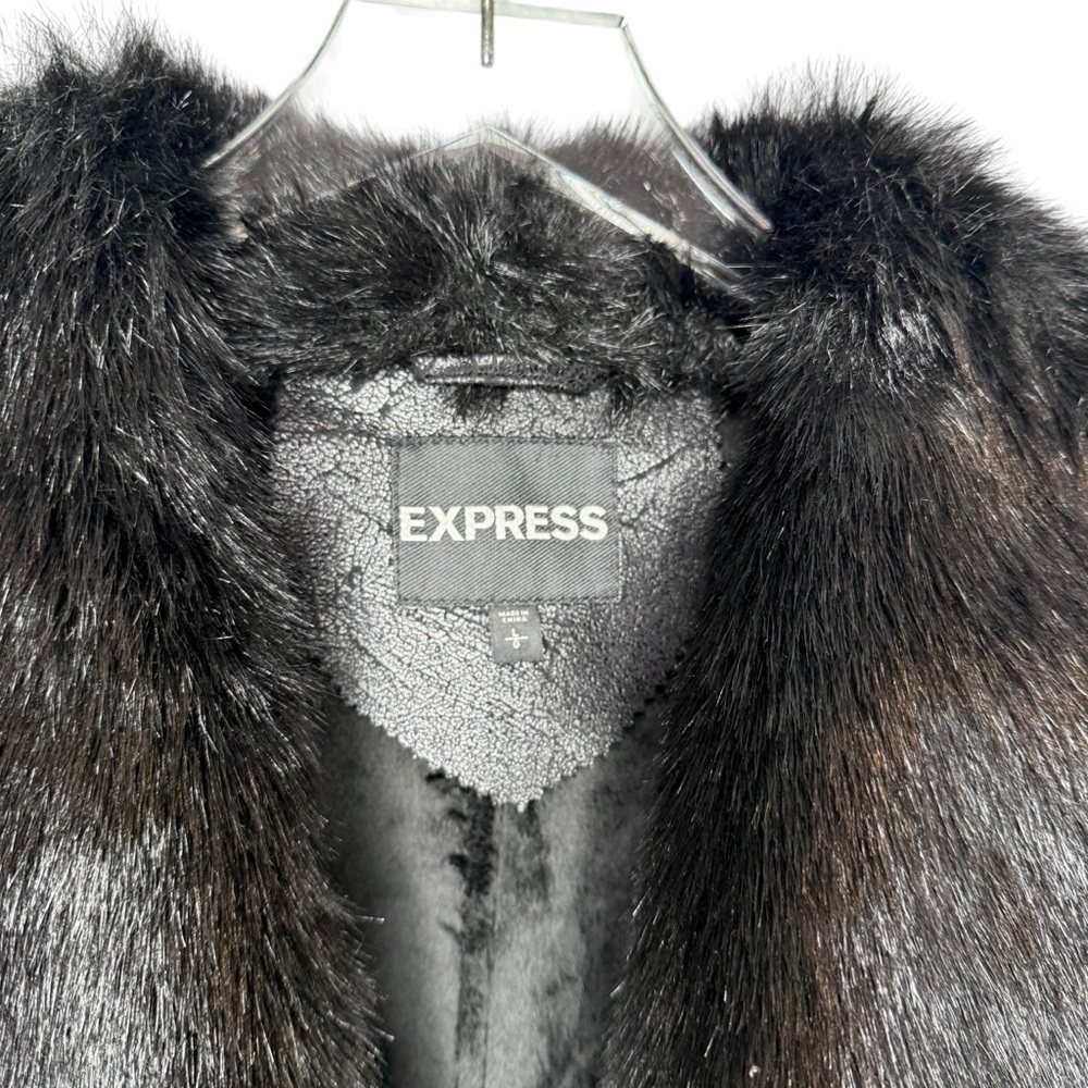 Express Black Faux Fur Oversized Collar Long Line Crackle Sueded Vest Sz L - Picture 4 of 15